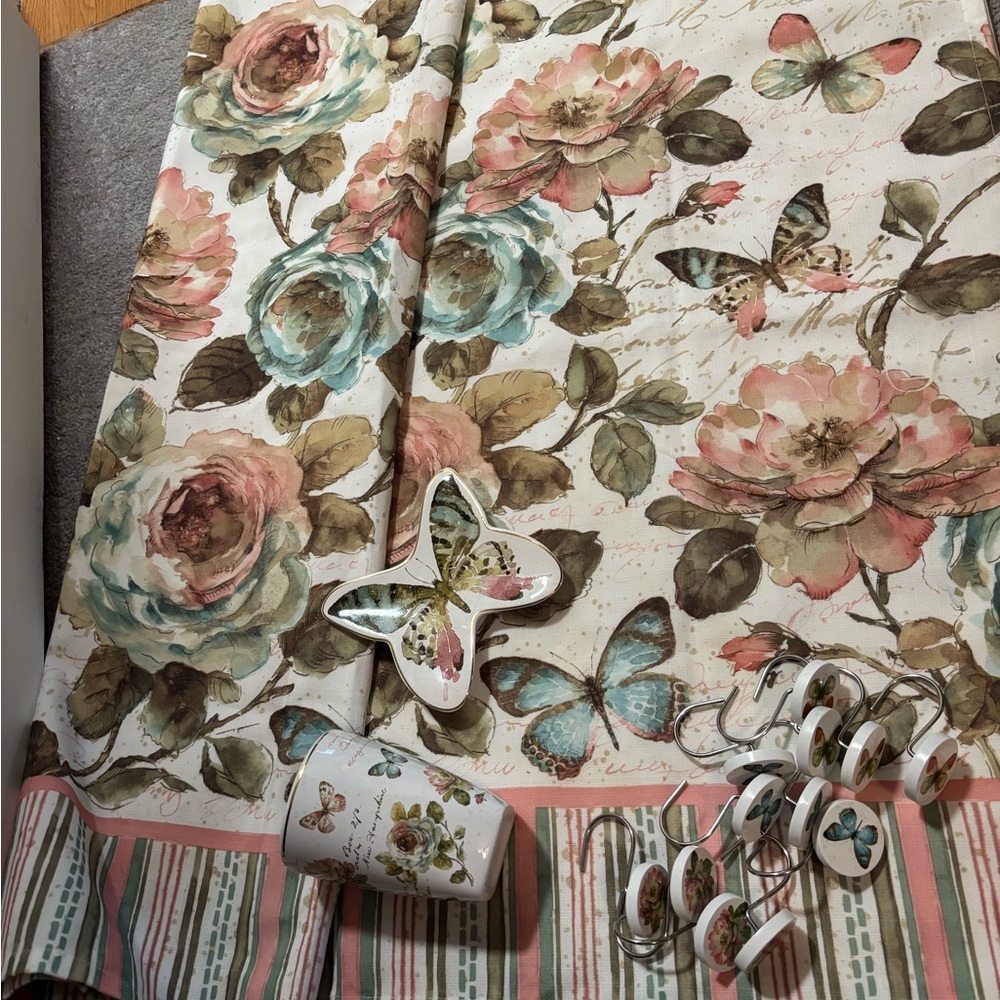 Avanti Floral and Butterfly Shower Curtain - Pink, Blue, Green